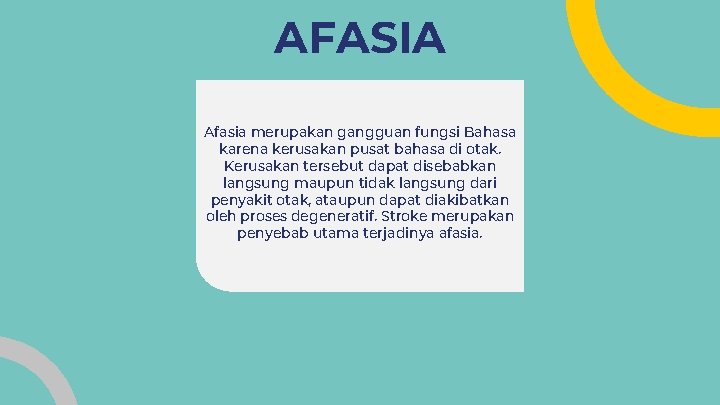 AFASIA Afasia merupakan gangguan fungsi Bahasa karena kerusakan pusat bahasa di otak. Kerusakan tersebut AFASIA Afasia merupakan gangguan fungsi Bahasa karena kerusakan pusat bahasa di otak. Kerusakan tersebut