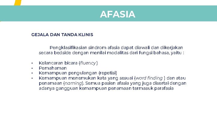 AFASIA GEJALA DAN TANDA KLINIS Pengklasifikasian sindrom afasia dapat diawali dan dikerjakan secara bedside AFASIA GEJALA DAN TANDA KLINIS Pengklasifikasian sindrom afasia dapat diawali dan dikerjakan secara bedside