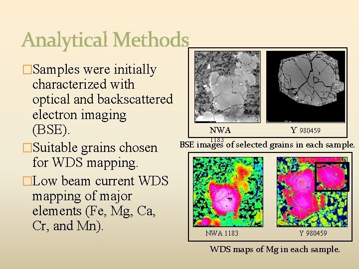 Analytical Methods �Samples were initially characterized with optical and backscattered electron imaging (BSE). �Suitable