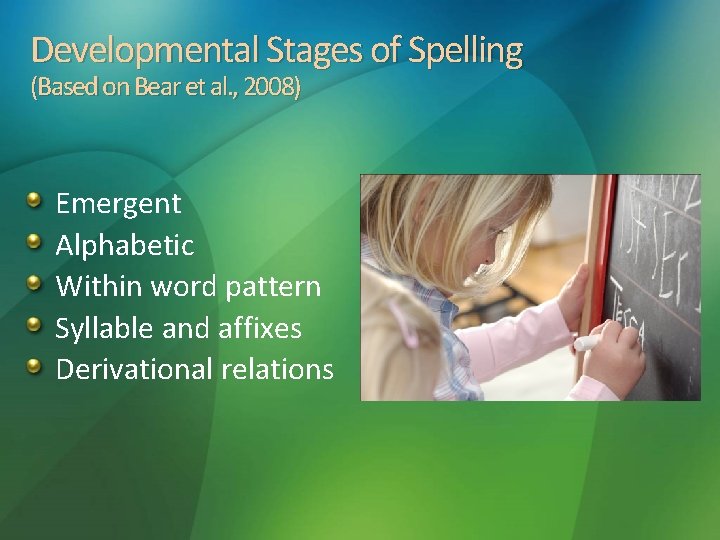 Developmental Stages of Spelling (Based on Bear et al. , 2008) Emergent Alphabetic Within