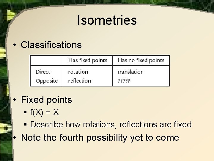 Isometries • Classifications • Fixed points § f(X) = X § Describe how rotations, Isometries • Classifications • Fixed points § f(X) = X § Describe how rotations,