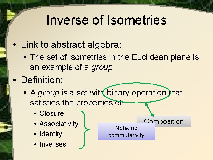 Inverse of Isometries • Link to abstract algebra: § The set of isometries in Inverse of Isometries • Link to abstract algebra: § The set of isometries in