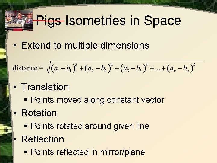Pigs Isometries in Space • Extend to multiple dimensions • Translation § Points moved Pigs Isometries in Space • Extend to multiple dimensions • Translation § Points moved