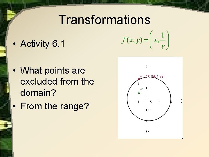 Transformations • Activity 6. 1 • What points are excluded from the domain? • Transformations • Activity 6. 1 • What points are excluded from the domain? •