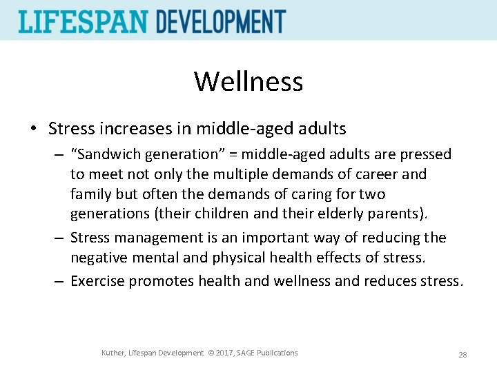 Wellness • Stress increases in middle-aged adults – “Sandwich generation” = middle-aged adults are