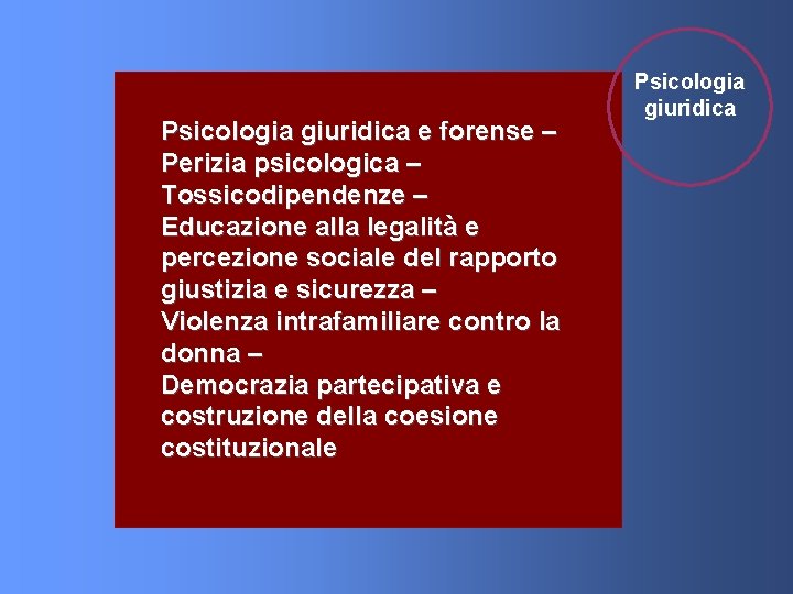 Psicologia giuridica e forense – Perizia psicologica – Tossicodipendenze – Educazione alla legalità e