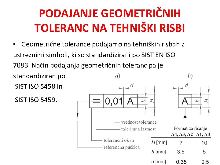 PODAJANJE GEOMETRIČNIH TOLERANC NA TEHNIŠKI RISBI • Geometrične tolerance podajamo na tehniških risbah z