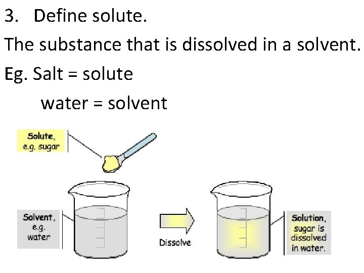 3. Define solute. The substance that is dissolved in a solvent. Eg. Salt =