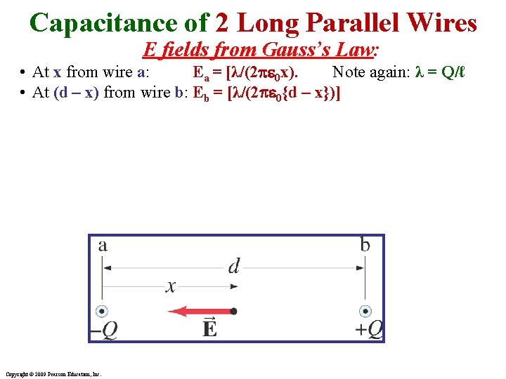 Capacitance of 2 Long Parallel Wires E fields from Gauss’s Law: • At x