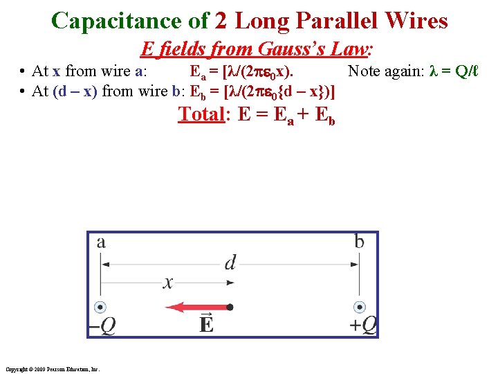 Capacitance of 2 Long Parallel Wires E fields from Gauss’s Law: • At x