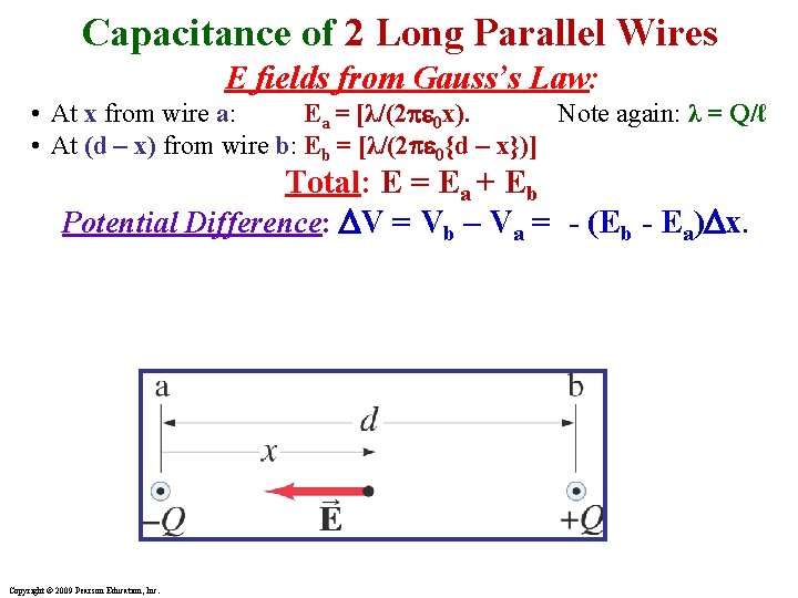 Capacitance of 2 Long Parallel Wires E fields from Gauss’s Law: • At x
