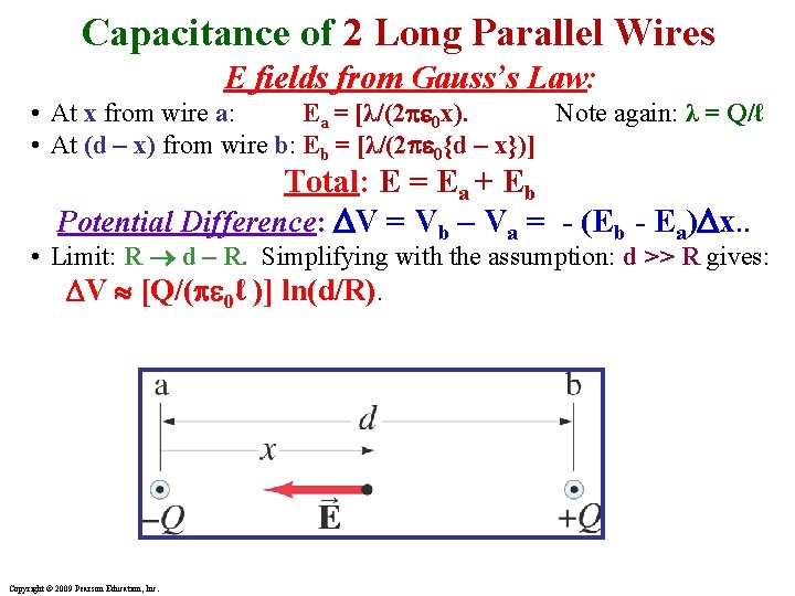 Capacitance of 2 Long Parallel Wires E fields from Gauss’s Law: • At x