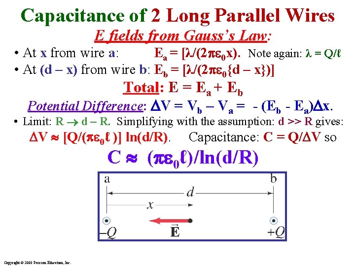 Capacitance of 2 Long Parallel Wires E fields from Gauss’s Law: • At x