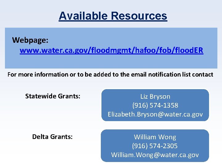 Available Resources Webpage: www. water. ca. gov/floodmgmt/hafoo/fob/flood. ER For more information or to be