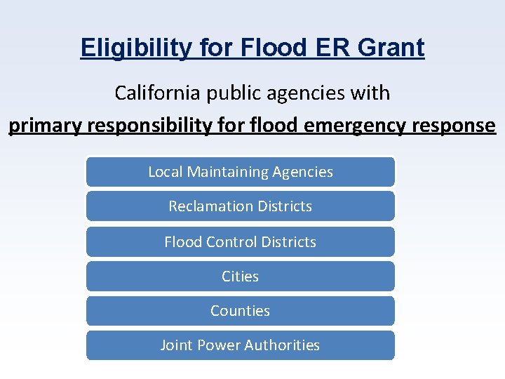 Eligibility for Flood ER Grant California public agencies with primary responsibility for flood emergency
