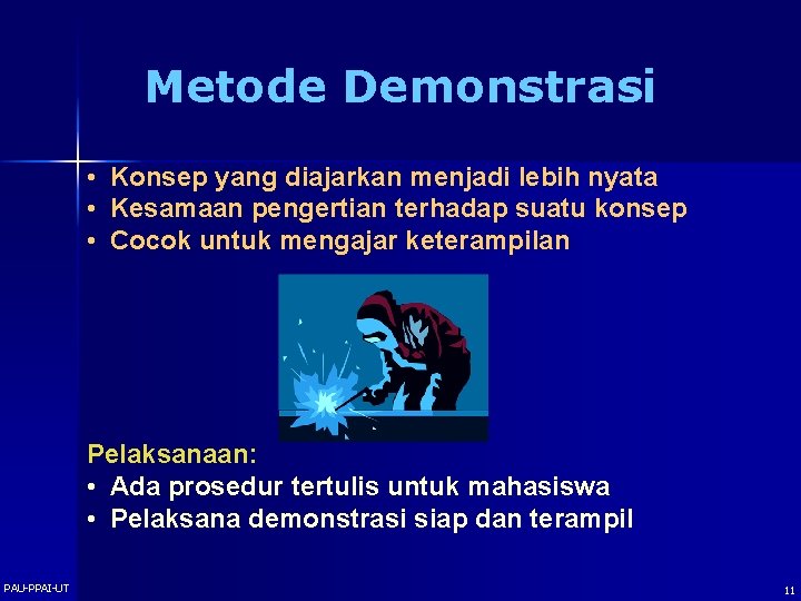 Metode Demonstrasi • Konsep yang diajarkan menjadi lebih nyata • Kesamaan pengertian terhadap suatu