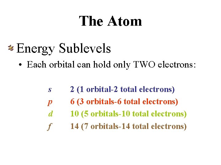 The Atom Energy Sublevels • Each orbital can hold only TWO electrons: s p