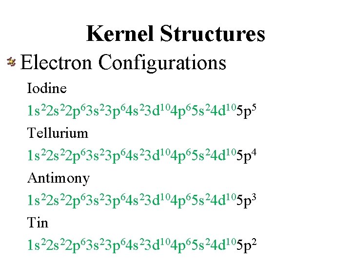 Kernel Structures Electron Configurations Iodine 1 s 22 p 63 s 23 p 64