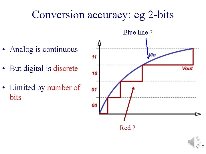 Conversion accuracy: eg 2 -bits Blue line ? • Analog is continuous • But
