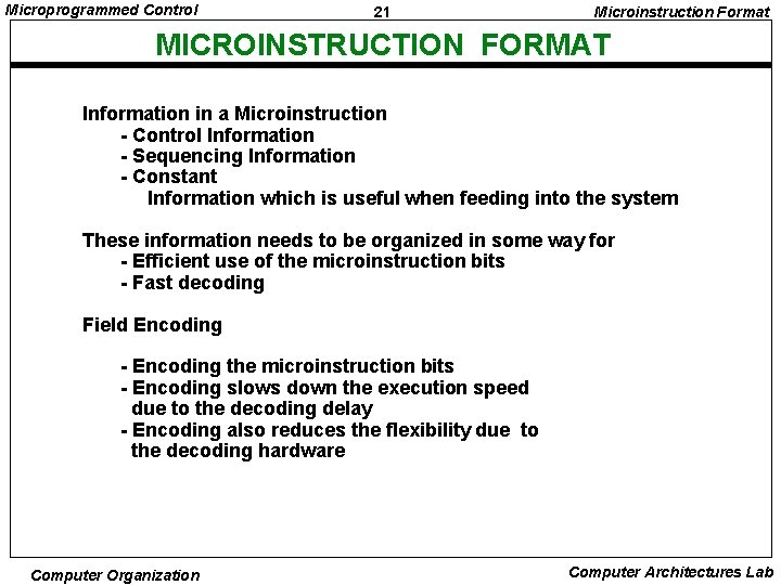 Microprogrammed Control 21 Microinstruction Format MICROINSTRUCTION FORMAT Information in a Microinstruction - Control Information