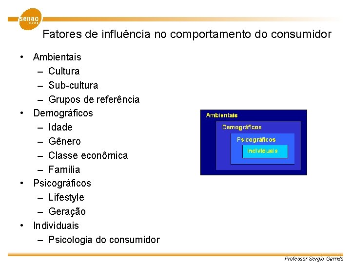 Fatores de influência no comportamento do consumidor • Ambientais – Cultura – Sub-cultura –