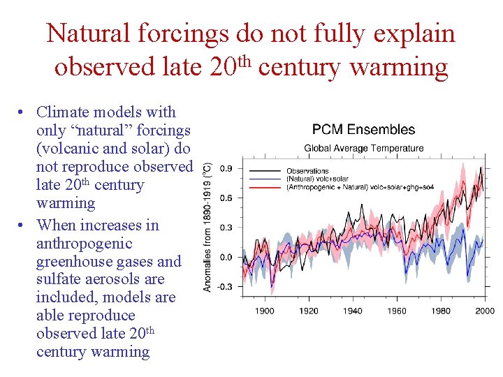 Natural forcings do not fully explain observed late 20 th century warming • Climate