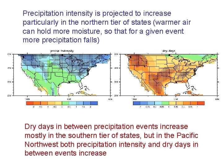 Precipitation intensity is projected to increase particularly in the northern tier of states (warmer