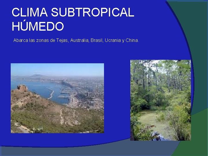 CLIMA SUBTROPICAL HÚMEDO Abarca las zonas de Tejas, Australia, Brasil, Ucrania y China. 