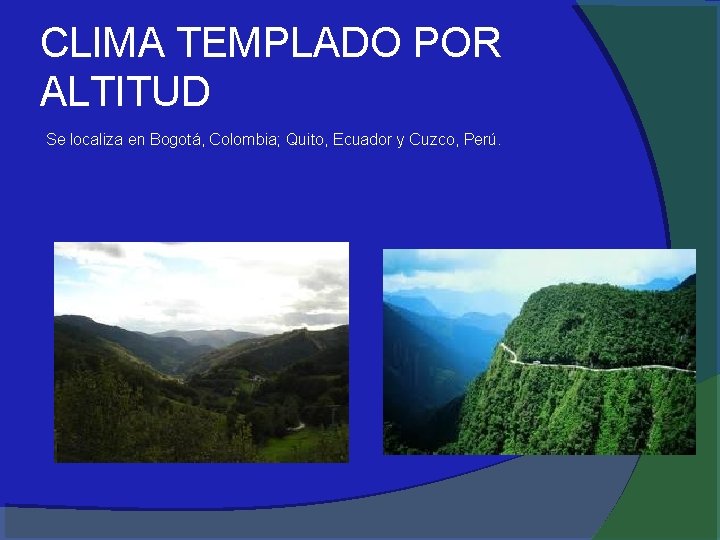 CLIMA TEMPLADO POR ALTITUD Se localiza en Bogotá, Colombia; Quito, Ecuador y Cuzco, Perú.