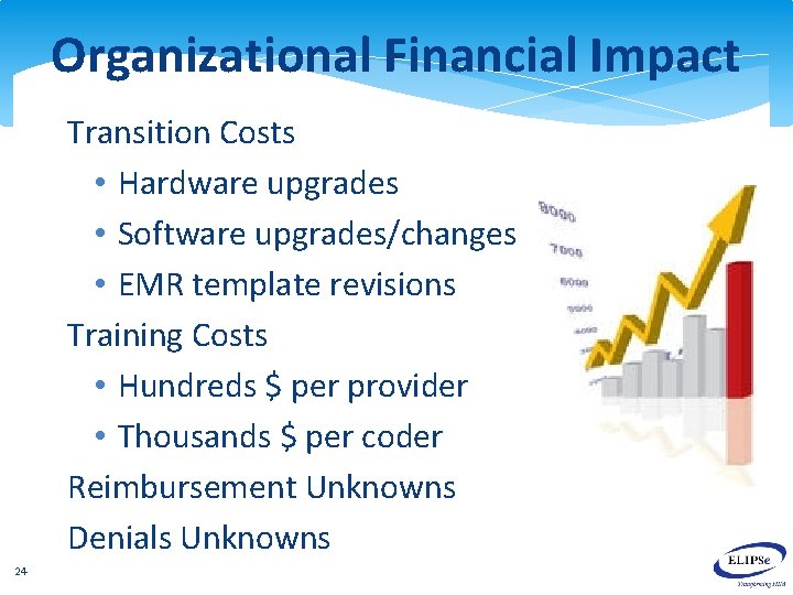 Organizational Financial Impact Transition Costs • Hardware upgrades • Software upgrades/changes • EMR template