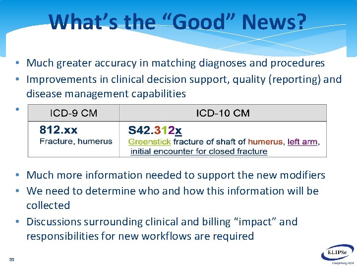 What’s the “Good” News? • Much greater accuracy in matching diagnoses and procedures • What’s the “Good” News? • Much greater accuracy in matching diagnoses and procedures •