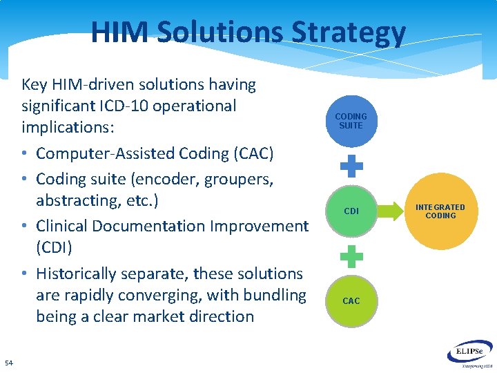 HIM Solutions Strategy Key HIM-driven solutions having significant ICD-10 operational implications: • Computer-Assisted Coding