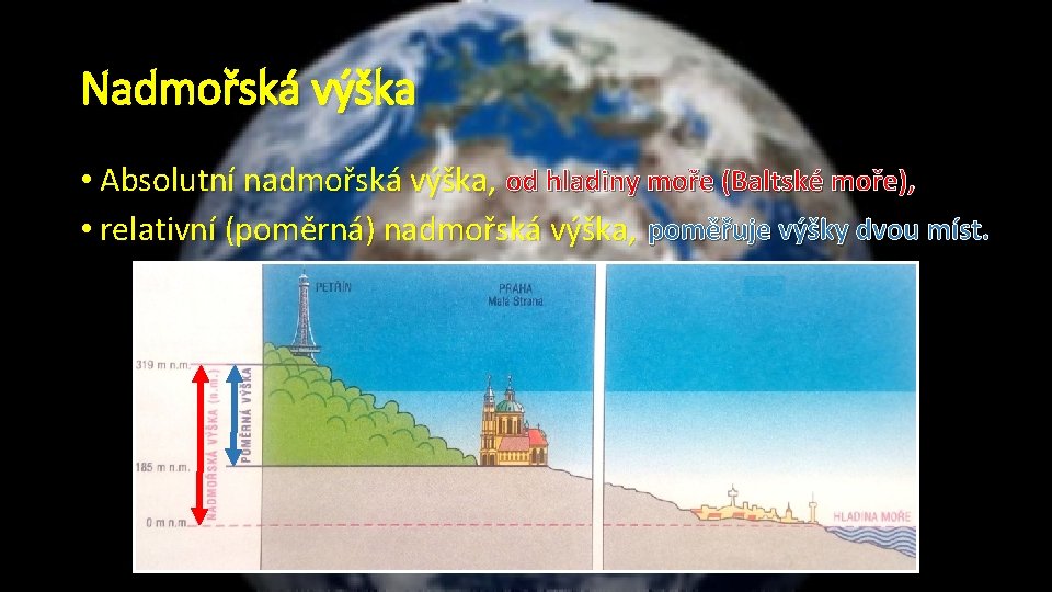 Nadmořská výška • Absolutní nadmořská výška, od hladiny moře (Baltské moře), • relativní (poměrná)