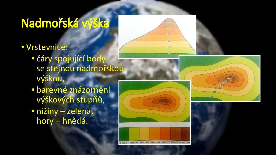 Nadmořská výška • Vrstevnice: • čáry spojující body se stejnou nadmořskou výškou, • barevné