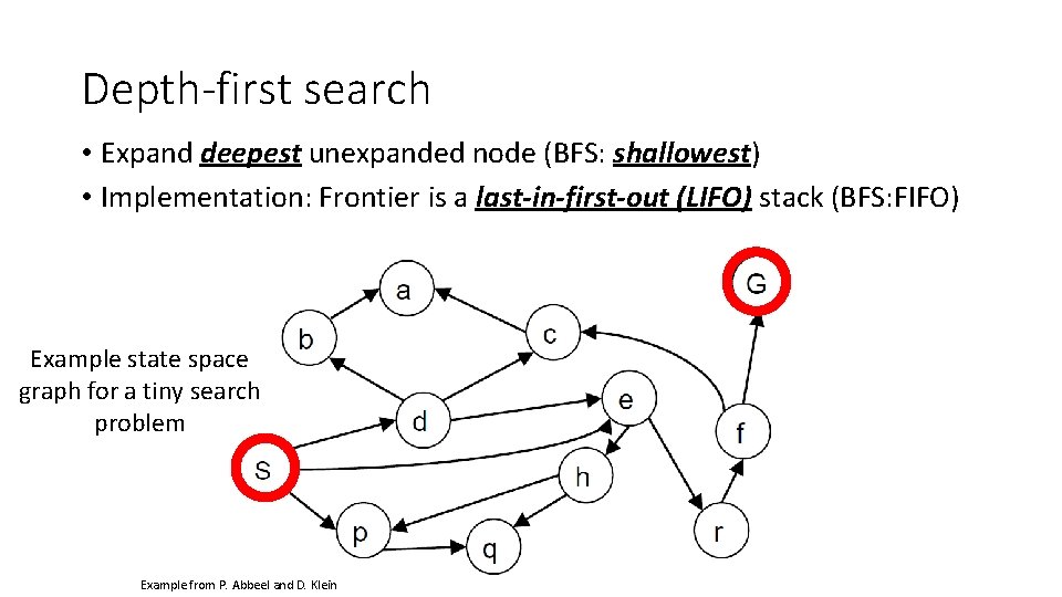 Depth-first search • Expand deepest unexpanded node (BFS: shallowest) • Implementation: Frontier is a