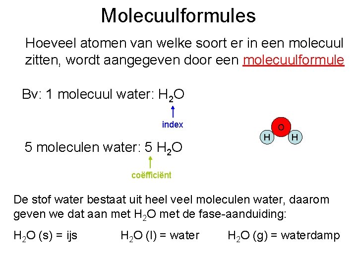 Molecuulformules Hoeveel atomen van welke soort er in een molecuul zitten, wordt aangegeven door