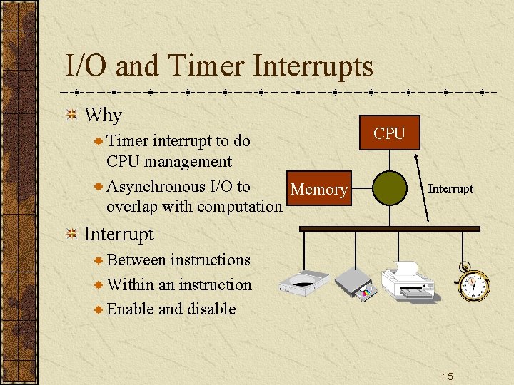 I/O and Timer Interrupts Why Timer interrupt to do CPU management Asynchronous I/O to