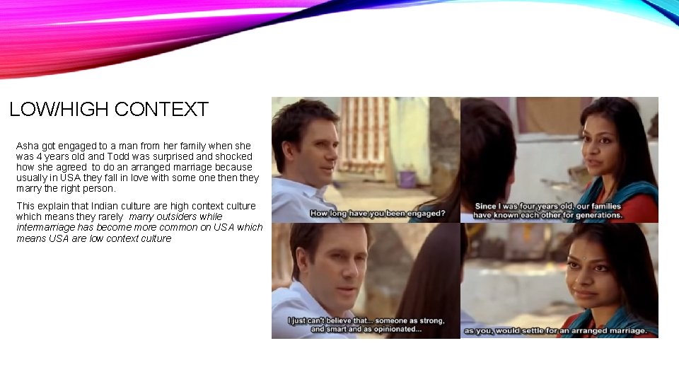 LOW/HIGH CONTEXT Asha got engaged to a man from her family when she was
