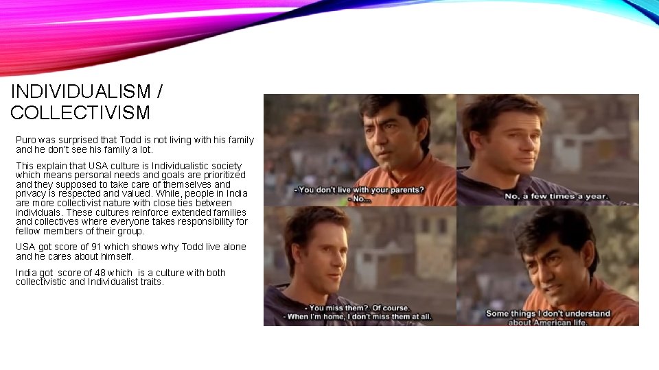 INDIVIDUALISM / COLLECTIVISM Puro was surprised that Todd is not living with his family