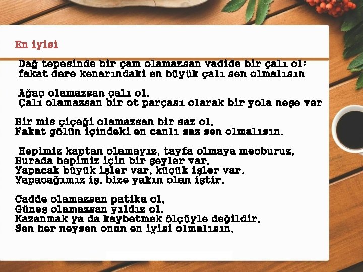 En iyisi Dağ tepesinde bir çam olamazsan vadide bir çalı ol; fakat dere kenarındaki