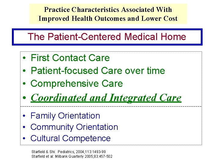 Practice Characteristics Associated With Improved Health Outcomes and Lower Cost The Patient-Centered Medical Home