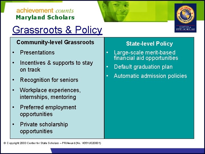 Maryland Scholars Grassroots & Policy Community-level Grassroots • Presentations • Incentives & supports to