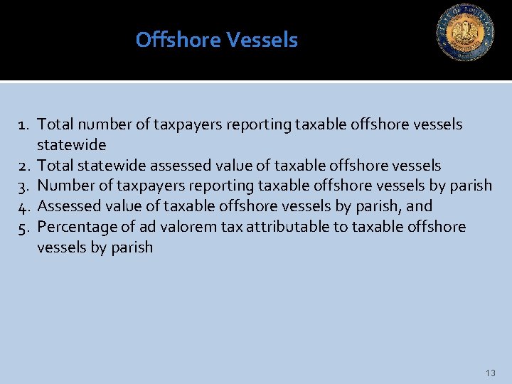 Offshore Vessels 1. Total number of taxpayers reporting taxable offshore vessels statewide 2. Total