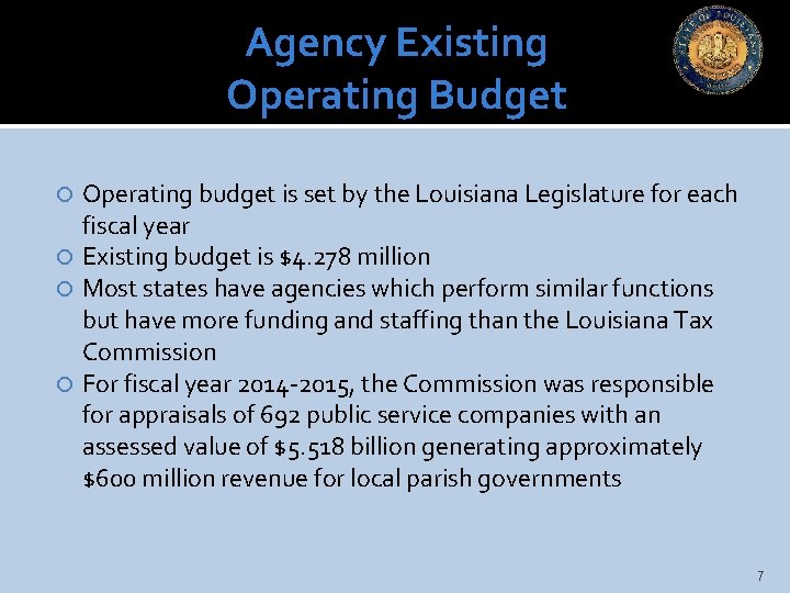 Agency Existing Operating Budget Operating budget is set by the Louisiana Legislature for each