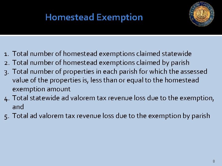 Homestead Exemption 1. Total number of homestead exemptions claimed statewide 2. Total number of
