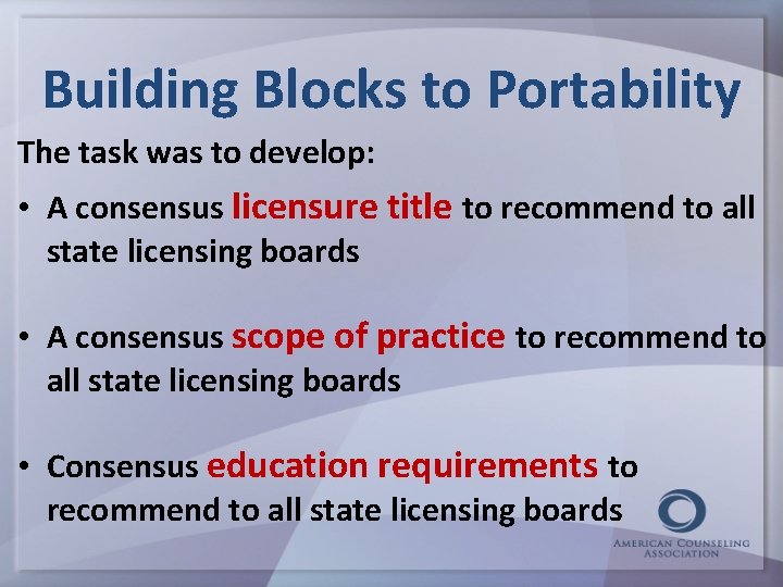 Building Blocks to Portability The task was to develop: • A consensus licensure title