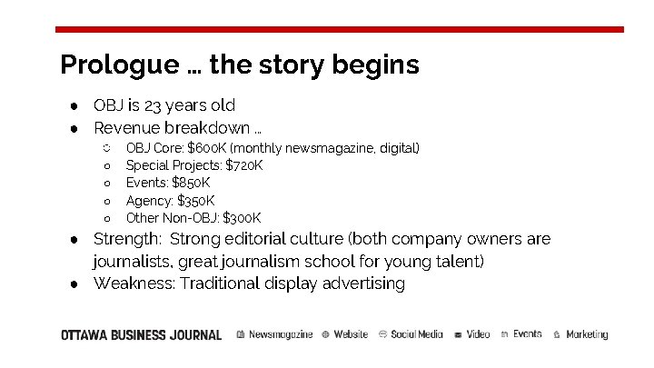 Prologue … the story begins ● OBJ is 23 years old ● Revenue breakdown