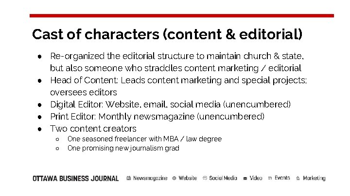 Cast of characters (content & editorial) ● Re-organized the editorial structure to maintain church