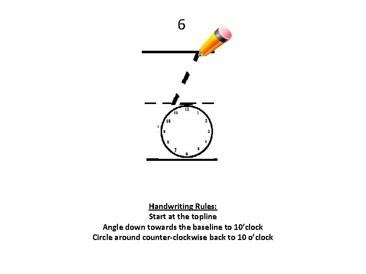 6 Handwriting Rules: Start at the topline Angle down towards the baseline to 10’clock