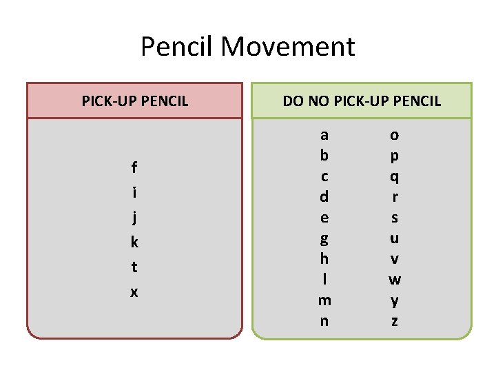 Pencil Movement PICK-UP PENCIL f i j k t x DO NO PICK-UP PENCIL